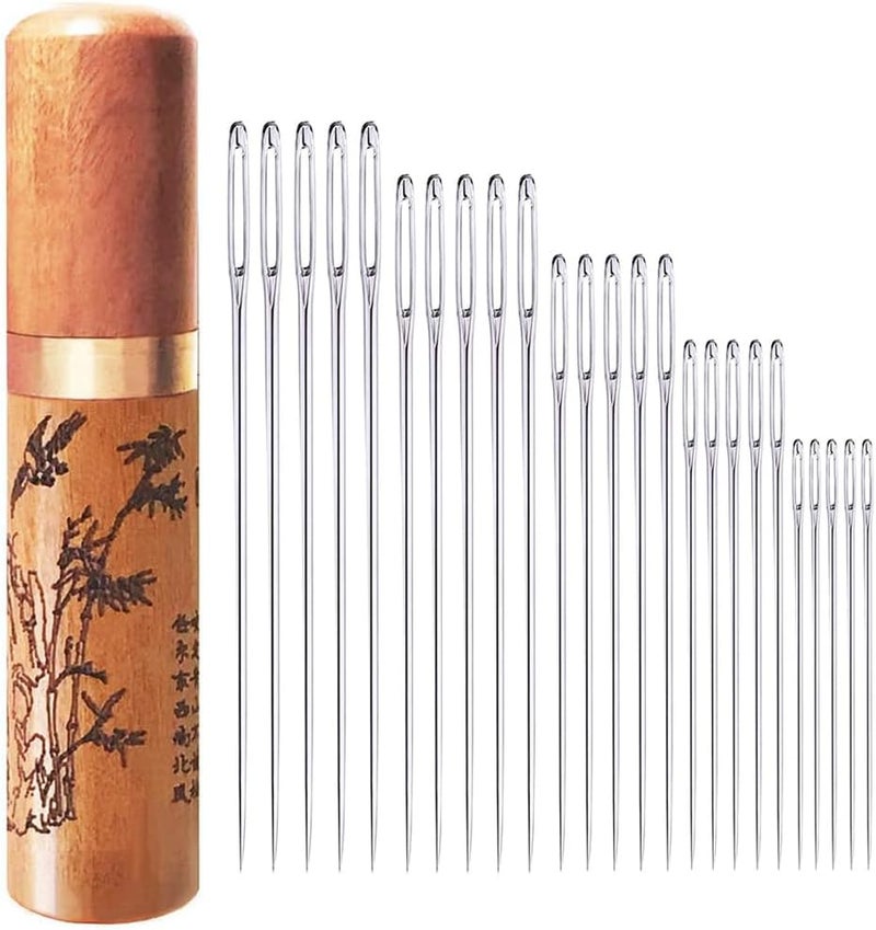 ECROCY Large Eye Sewing Needles, Embroidery Needles, Stainless Steel, 25 Pieces Sharp Needles with Wooden Needle Case Carving Pattern - Image 1
